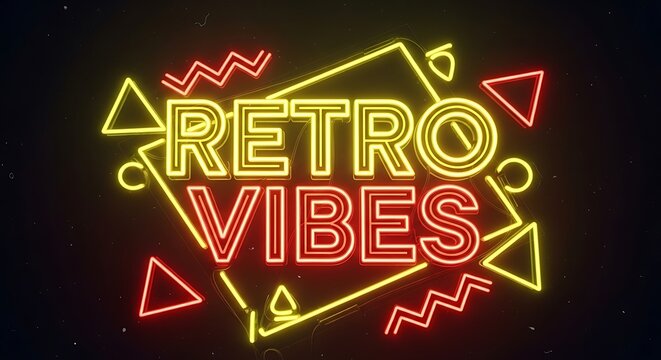 Retro vibes neon sign with colorful geometric shapes and vibrant glowing effect