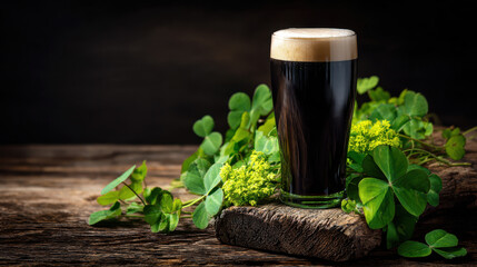 Dark Irish ale presented in an elegant glass with fresh clovers on a rustic wooden table