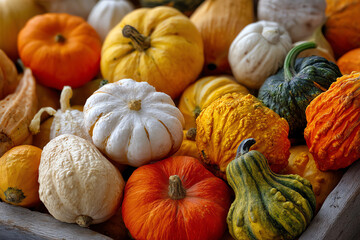 A collection of various colorful gourds and pumpkins showcasing different shapes and textures.