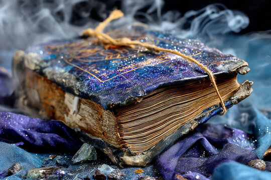 An old, mystical book with a sparkling dark blue cover tied with twine, emitting a smoky aura. - Powered by Adobe