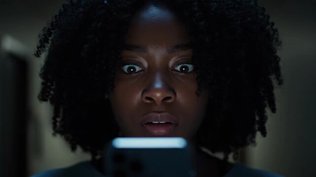 Woman Looks at Phone in Hallway at Night With Startled Expression on Her Face After Seeing Something Surprising