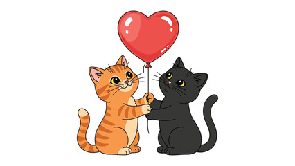 Playful Felines with Heart-Shaped Balloon: Two adorable cartoon cats, one orange and one black, holding a heart-shaped balloon together against a clean backdrop, showcasing love, friendship. © Tahura