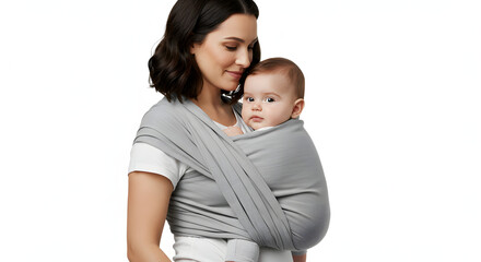 Fototapeta premium Soft light bathes mother gently holding baby in grey wrap. AI Generated