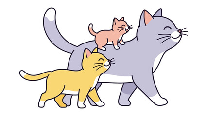 Cat Family's Expedition: a playful illustration of a happy cat family enjoying a vibrant moment, with mother cat and two kittens creating a delightful, whimsical scene.