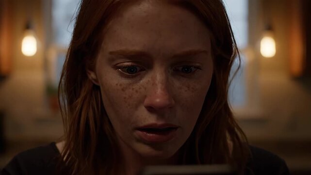 Woman With Red Hair Reacts With Shock to Content on Her Mobile Phone at Night Indoors