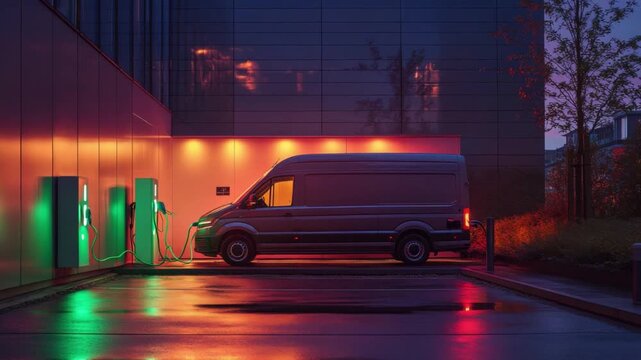 Discover a striking scene featuring a delivery van charging at dusk. The ambiance highlights innovation and modern transportation solutions in an urban environment. Generative AI