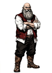 Old school RPG drawing of a traveling patriarch with thick gray beard, dressed in dark red vest over white linen shirt and black trousers, folklore-inspired elder character design
