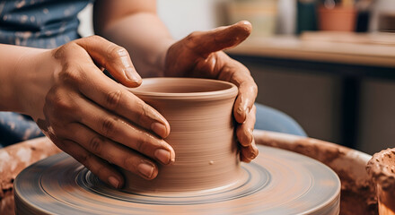 Potter's Hands Shaping Clay on a Potter's Wheel