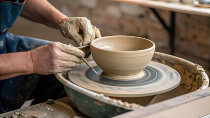Potter's Hands Shaping Clay on a Potter's Wheel