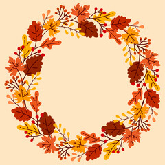 Autumn Circle Wreath, Fall Leaves Frame, Decorative Autumn Border, Hand Drawn Frame with Leaf and Berries, Vector