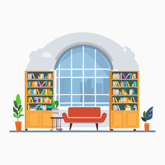 Obraz premium Modern Library Room with Orange Sofa and Large Arch Window