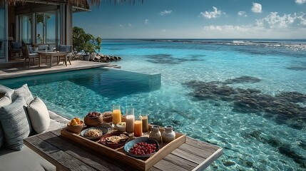 Obraz premium Serene Tropical Morning with Breakfast on Deck Overlooking Crystal Clear Water