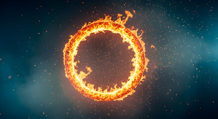 Burning Circle with Fire and Sparks on Dark Teal Background