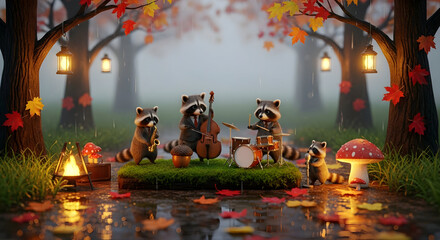 Cute Raccoons Playing Music in Autumnal Forest Scene