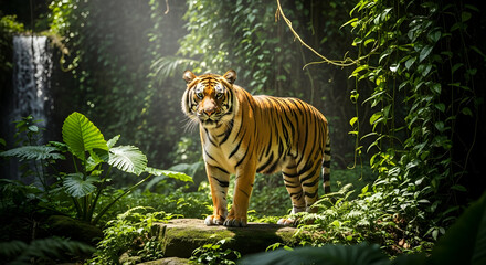 Striking Striped Tiger Standing Alert in Lush Green Jungle Habitat