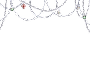 A rectangular frame with silver chains and precious stones. An isolated watercolor illustration for New Year's cards, jewelry store discount coupons, and interior design.