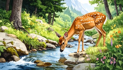 An idyllic scene featuring a young deer drinking from a clear, flowing stream amidst lush forest greenery and mountains