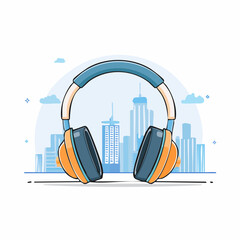 Over Ear Headphones in Modern City Skyline Illustration