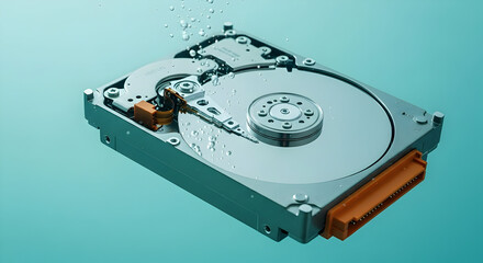 Hard Drive Disk Floating in Light Blue Water with Air Bubbles
