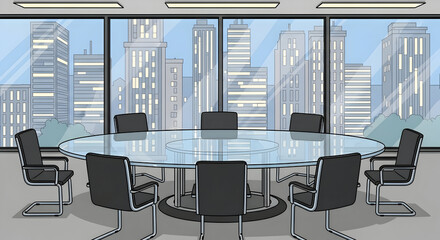 Empty Round Conference Table with Gray Chairs in City Office