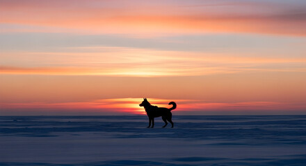 Dog Silhouette on Snowy Field Under Vivid Sunset Sky