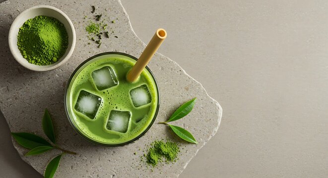 Overhead view of a refreshing iced matcha green tea latte with a bamboo straw, served on a stone slab with powder and leaves.
