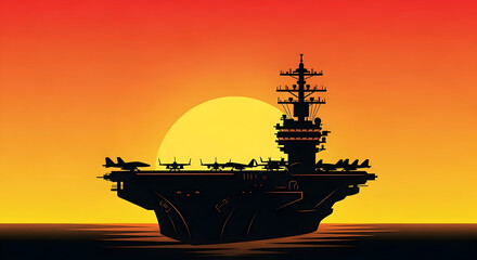 Aircraft Carrier Silhouette on Ocean at Sunset with Orange Sky