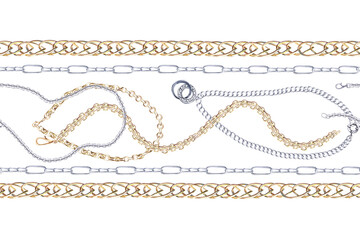 Seamless border with silver and gold chains. Isolated watercolor illustration for postcards, jewelry store discount coupons, interior design, and packaging.