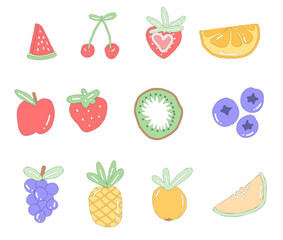 A colorful vector set of various fresh fruits and berries, including apples, oranges, and strawberries, for a healthy and sweet design