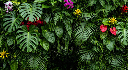 Lush Green Plant Wall with Colorful Flowers Tropical Foliage Backdrop
