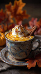 A rustic ceramic mug of pumpkin spice latte topped with whipped cream, caramel, and a cinnamon stick against a background of autumn leaves. Cozy hygge atmosphere