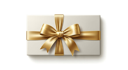 Wrapped Gift Ivory Box with Golden Satin Bow on White Background