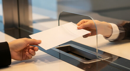Professional business exchange of an envelope over a secure glass counter at a service desk