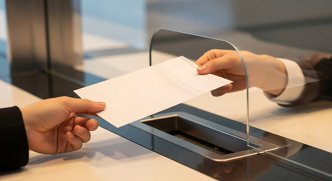 Professional business exchange of an envelope over a secure glass counter at a service desk