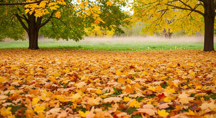 Autumn Leaves Covering Ground with Yellow Trees in Park