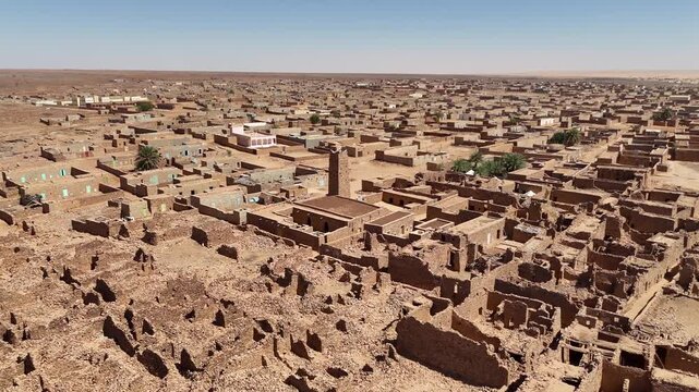 Ouadane in Mauritania, UNESCO World Heritage site in the Sahara desert aerial footage