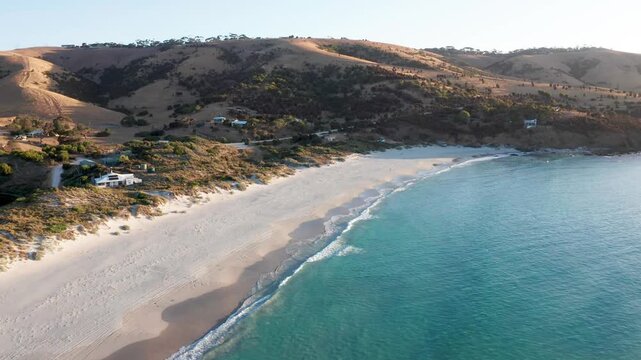 Drone view of pristine white sand Snelling Beach beach at sunset, Kangaroo Island, South Australia