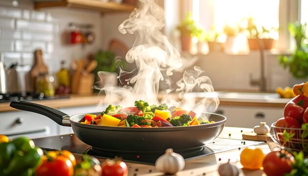 A vibrant image showcases a frying pan filled with steaming colorful vegetables on a modern kitchen countertop, bathed in sunlight
