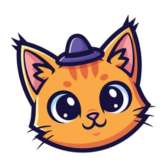 Fototapeta premium Cute Cat Illustration with Hat: A charming and whimsical cartoon cat head with endearing big eyes and a friendly expression wears a stylish hat.
