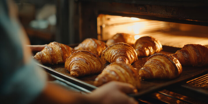 Golden croissants being pulled from oven by baker, showcasing their flaky texture and warm glow. scene captures essence of fresh baking in cozy kitchen - Powered by Adobe