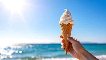 Vanilla ice cream cone on beach