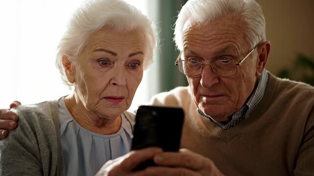 Senior Couple Indoors Look at a Smartphone With Surprised Expressions on Their Faces, Watching Something Unexpected on the Screen