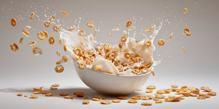 Bowl of cereal is tipped over with milk spilling, creating dynamic splash and scattering cereal pieces in mid air. scene captures motion and energy of spill