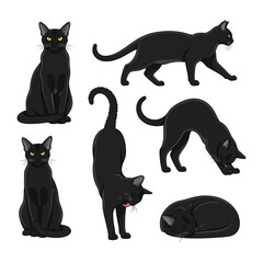 Playful black cat in illustration: A collection of illustrations showcasing the different poses of a sleek black cat, featuring its expressive eyes and elegant form.