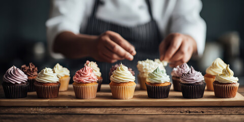 Chef is carefully arranging variety of colorful cupcakes with frosting on wooden board in kitchen, showcasing delightful and artistic presentation