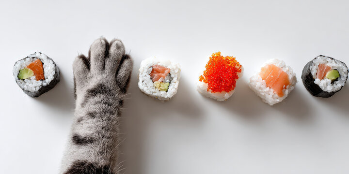 Cat paw playfully reaches toward row of sushi rolls on white background, creating humorous and cute scene. sushi includes various types with fish and roe toppings - Powered by Adobe