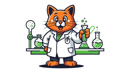 Cat Scientist in Lab: A cartoon cat dressed as a scientist conducts an experiment. Bubbling beakers and test tubes show a playful approach to science and learning. 