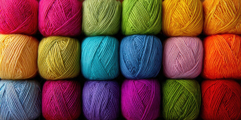 Vibrant collection of crochet yarns multiple colors neatly arranged rows. yarns display spectrum of hues including red orange yellow green blue and purple creating visually appealing and colorful
