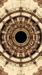 Naklejka premium Abstract steampunk circular city design with intricate details and dark core center