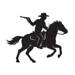 Minimalist vector silhouette depicting a cowboy sheriff on horseback, created in black and white with strong black outlines, perfect for western-themed designs and storytelling.